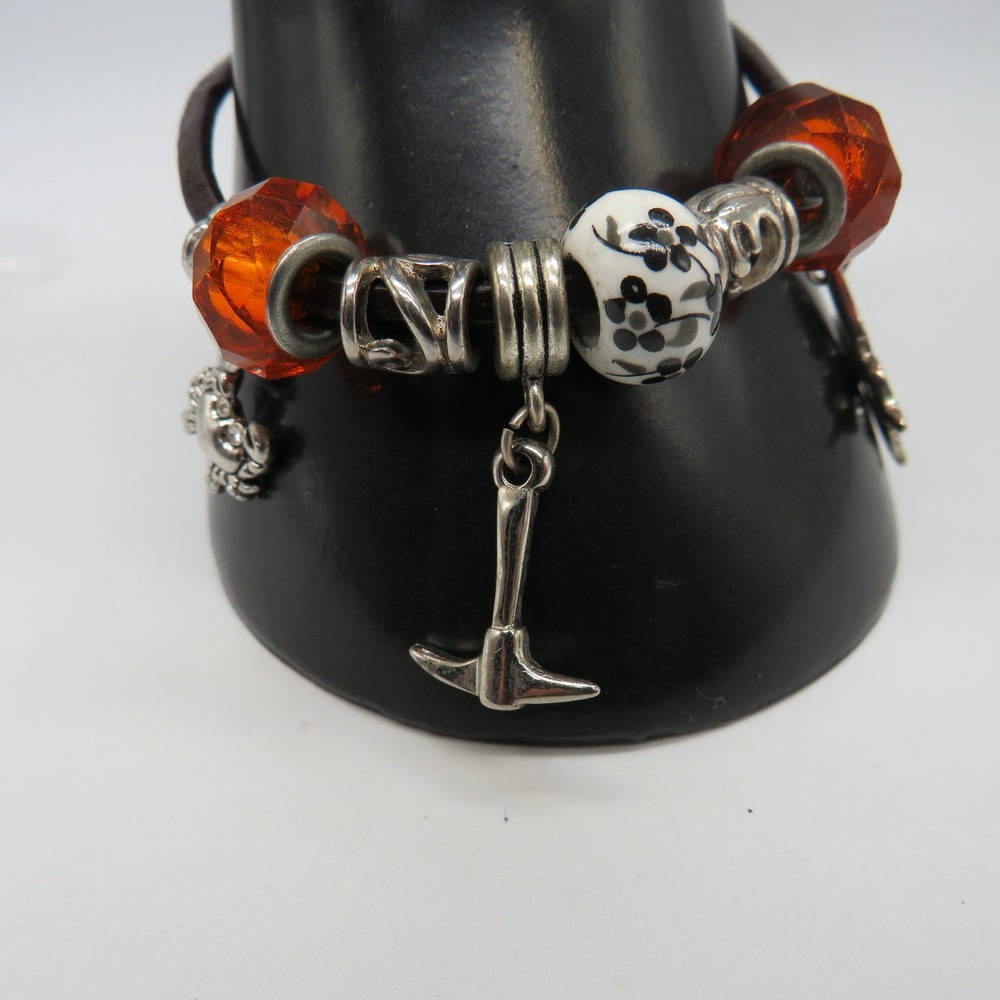 Boho Leather Charm Bracelet Orange Crystal Floral Butterfly Pickaxe Charm